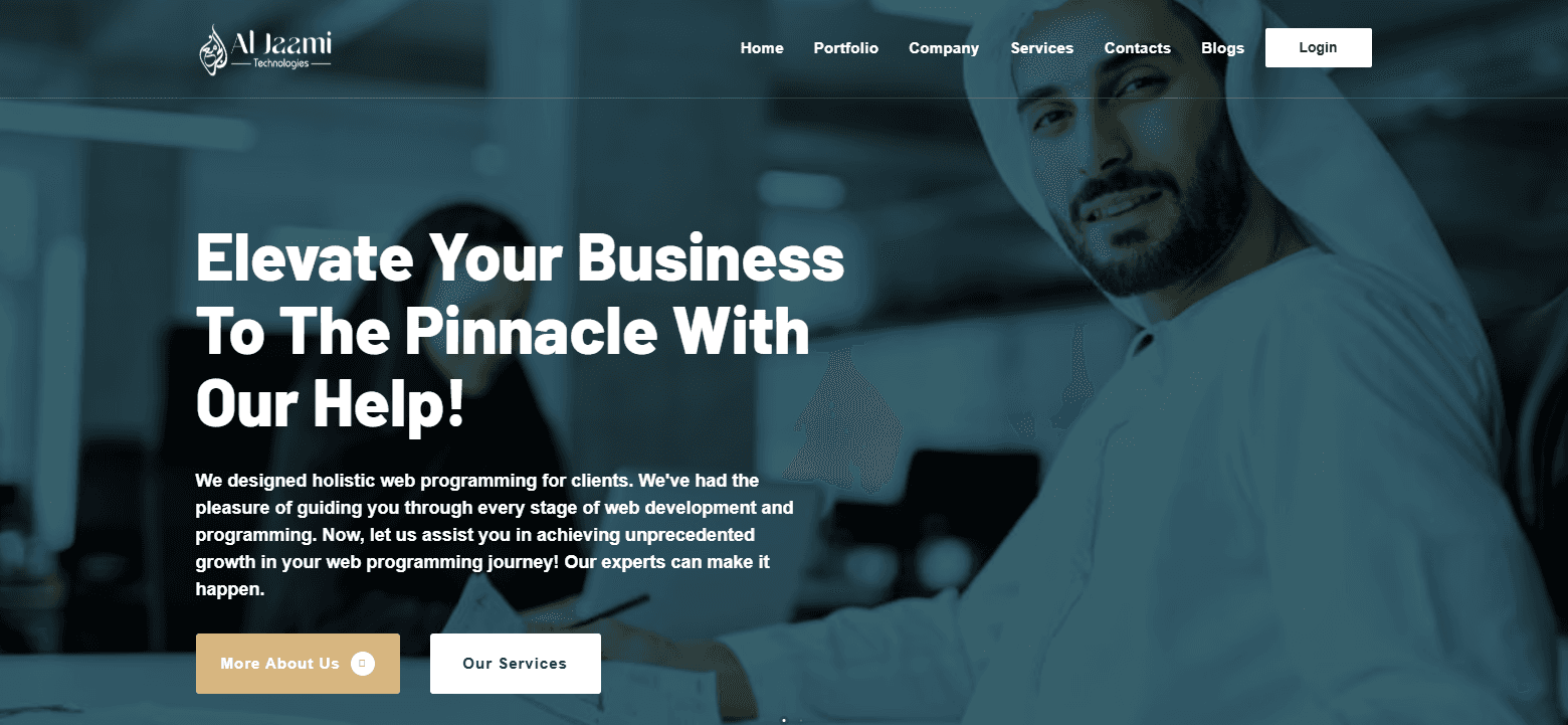 Al Jaami Technologies agency marketing site built with Next.js, React, and TypeScript