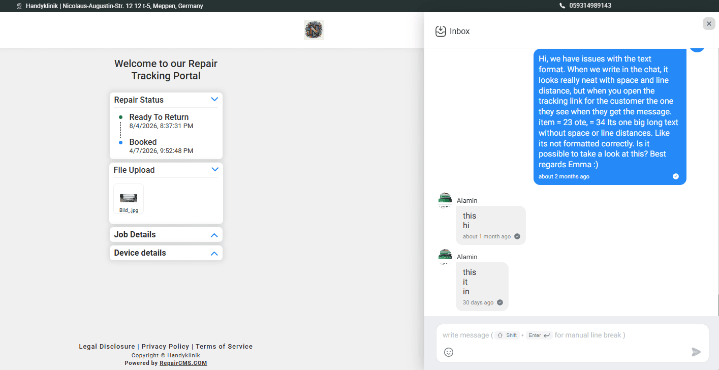 RepairCMS Customer Portal for real-time repair tracking built with Next.js and Socket.IO