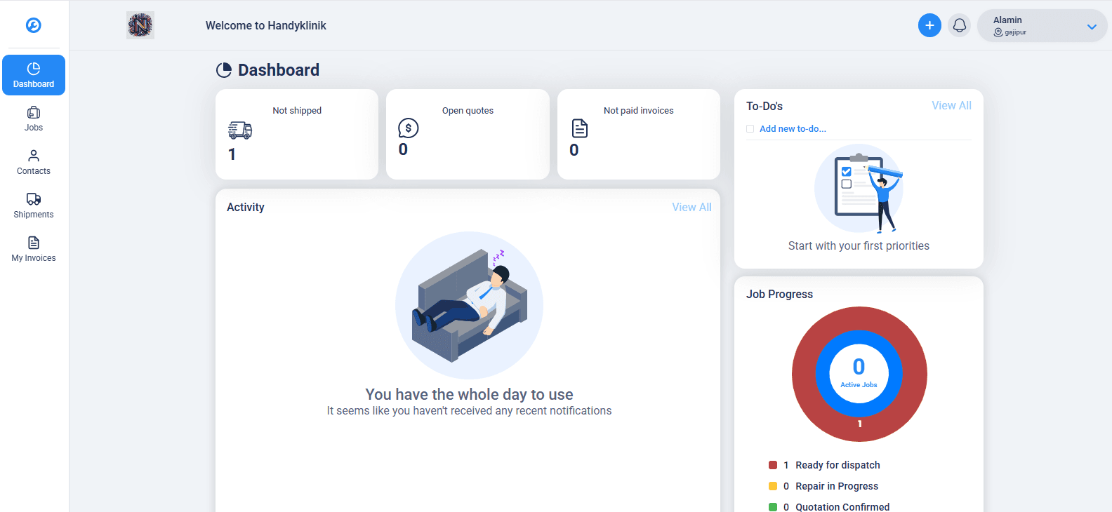 RepairCMS B2B business console dashboard built with React, Redux Toolkit, i18next, and Chart.js